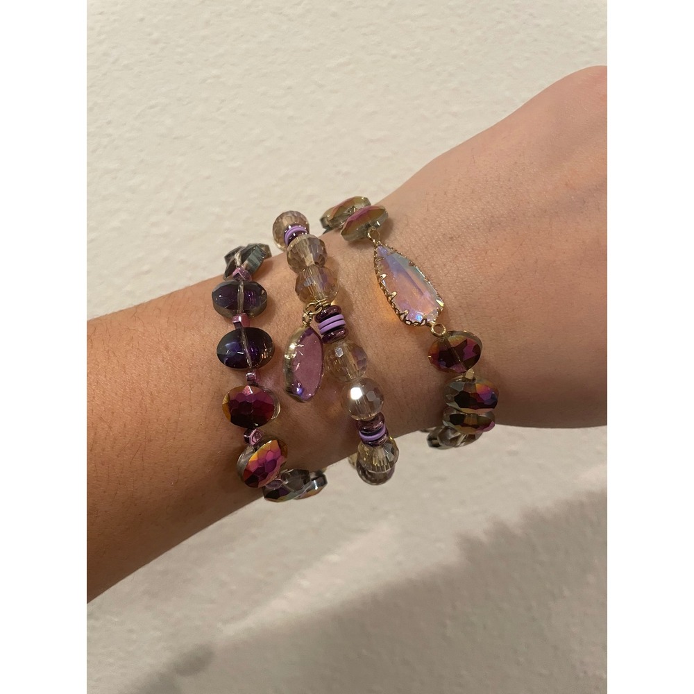 Erimish‎ Beaded Stretch Bracelet Set Purple Champagne Iridescent #4 Crystal 3pc
